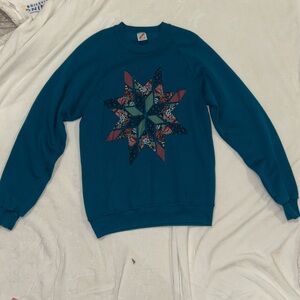 Vintage Jerzees Teal Crewneck Sweater with Floral Star Design